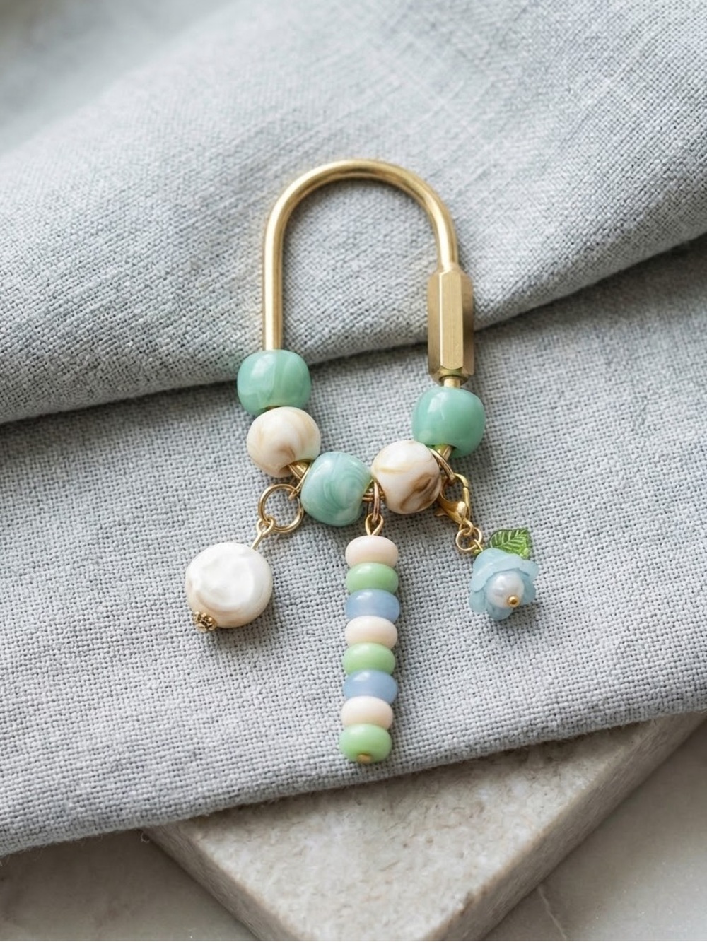 Viral Carabiner Gold Bag Charm Keychain with Mint Green and Cream